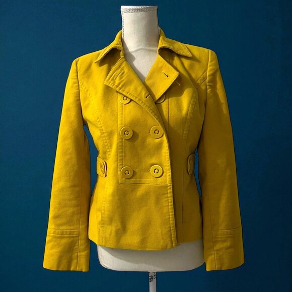 Ann Taylor Loft Mustard Yellow Preppy Double Breasted Academia Peacoat Jacket SP - Picture 1 of 9